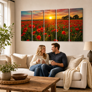 Golden Hour Poppy Field Canvas Wall Art – Fields of Fire | 5-Panel Level Nature Landscape Print