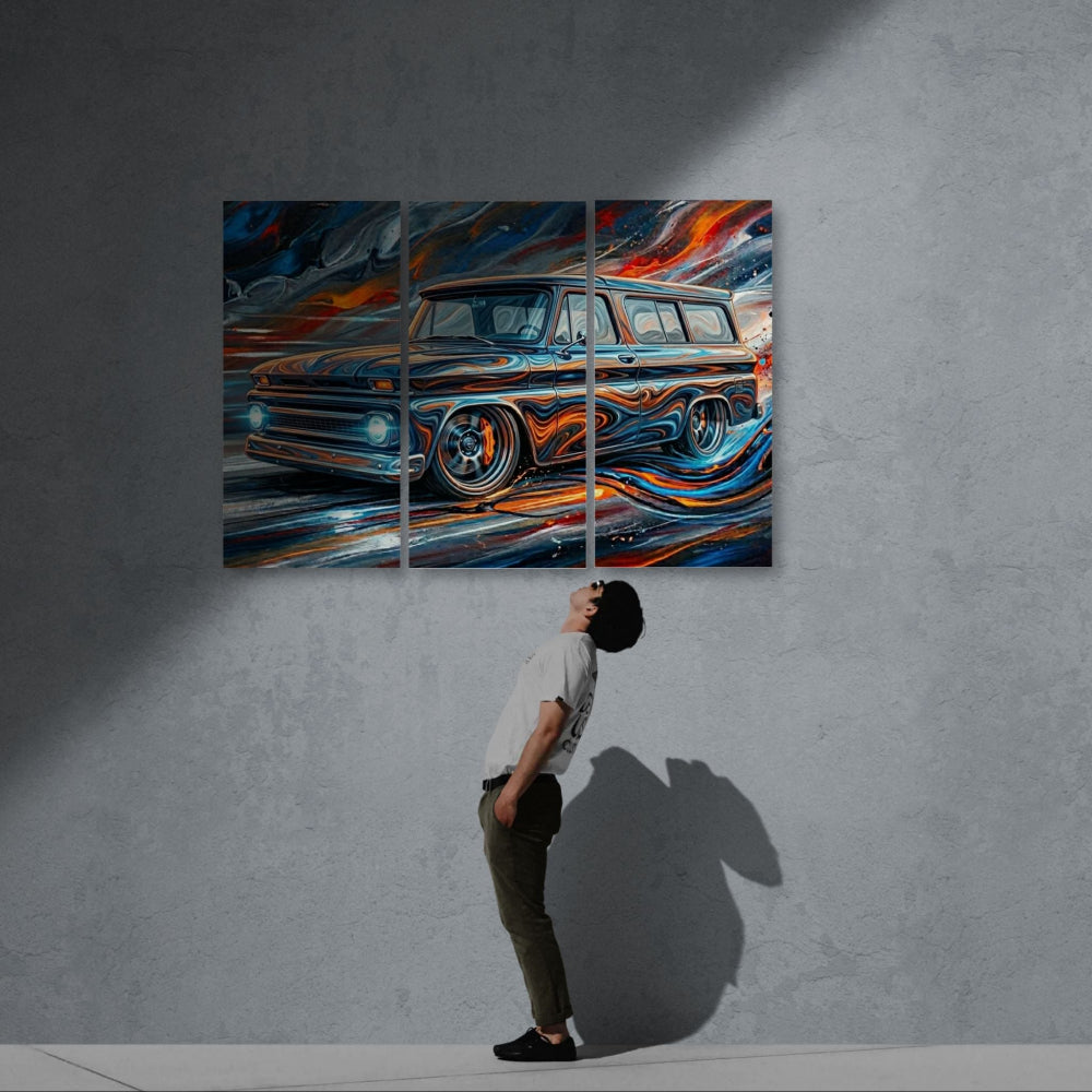 Person looking at a large abstract painting of a 1966 Chevy Suburban Carryall on a gray wall.