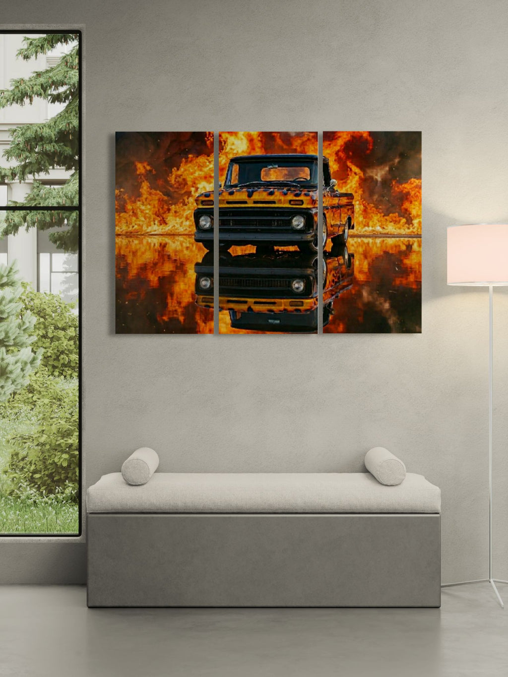 Triptych painting of a truck on fire in a modern interior setting with a bench and lamp.