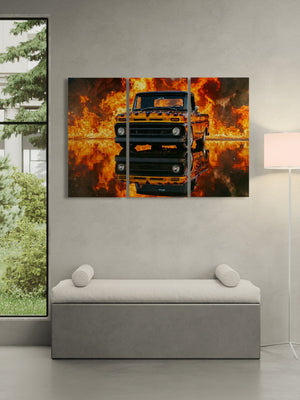 Triptych painting of a truck on fire in a modern interior setting with a bench and lamp.