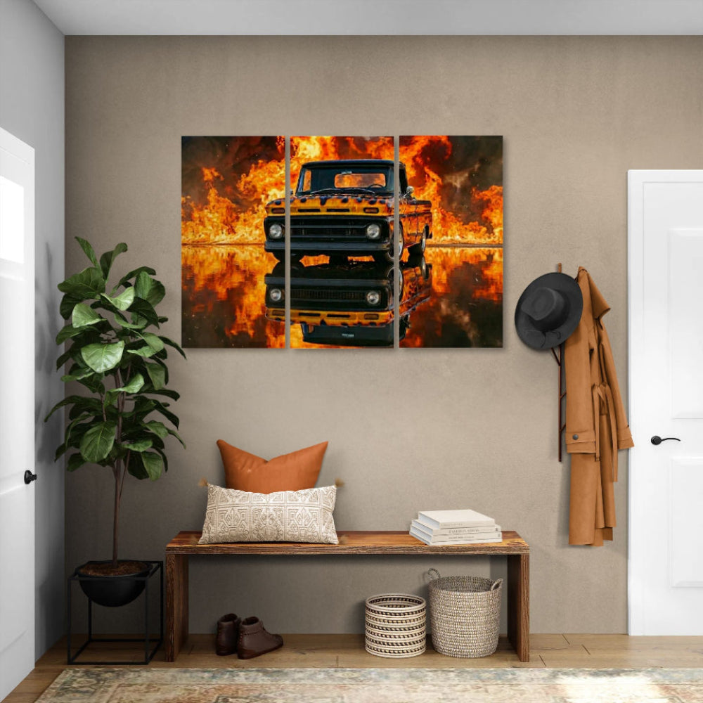 Modern interior with a large wall art piece of a truck amidst flames, a wooden bench, and decorative items.