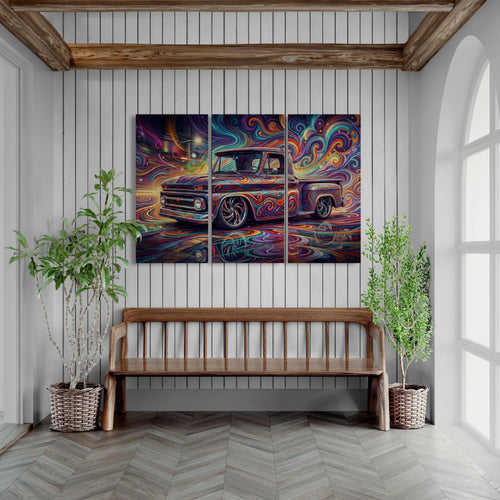 Colorful abstract painting of a truck on a wall above a wooden bench with plants on either side.