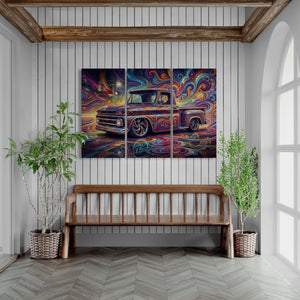 Colorful abstract painting of a truck on a wall above a wooden bench with plants on either side.