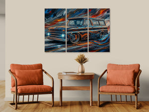 A three-panel canvas wall art print depicting a stylized, colorful classic 1966 Chevy Suburban Carryall , shown hanging on a beige wall in a modern living room setting with two orange armchairs and a wooden side table.