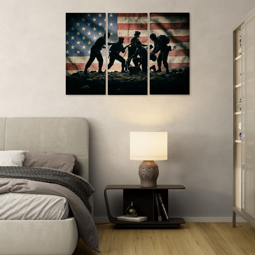 Bedroom with a large wall art piece featuring silhouettes of soldiers against an American flag.