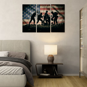 Bedroom with a large wall art piece featuring silhouettes of soldiers against an American flag.