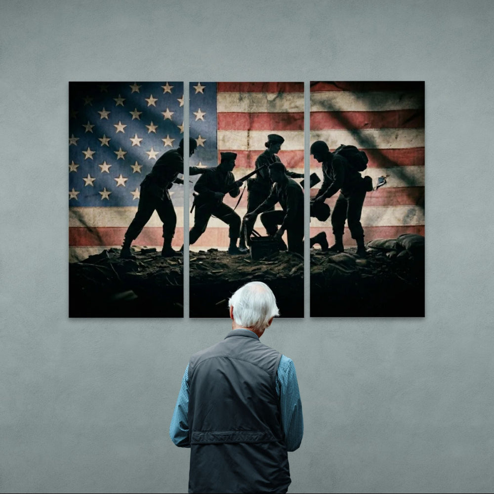 Man looking at a triptych wall art depicting silhouettes against an American flag background.