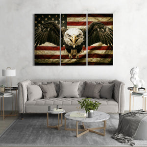 Living room with a large wall art piece featuring an eagle and American flag.