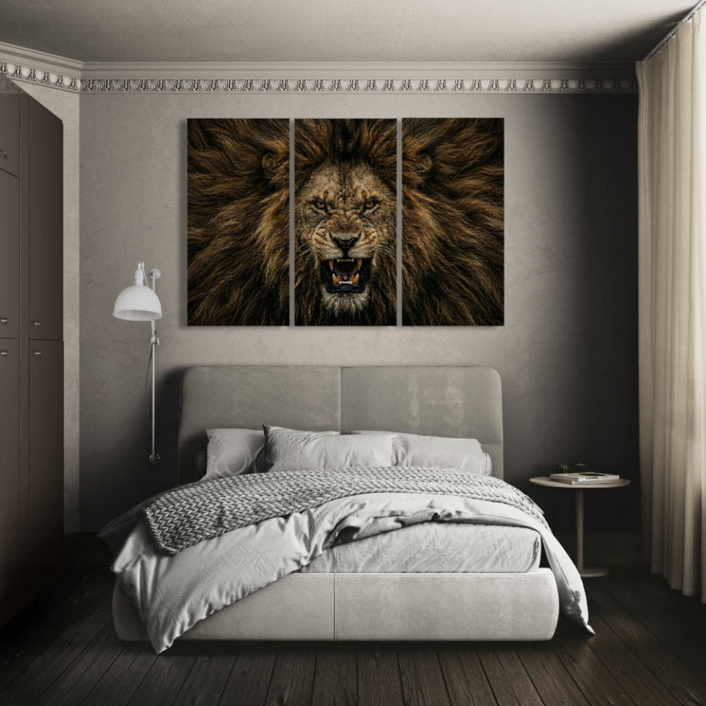 Modern bedroom with a large lion painting above the bed