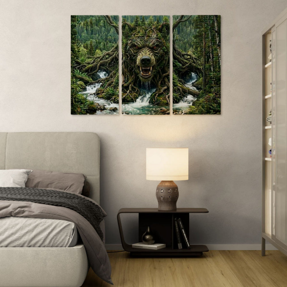 Triptych forest scene painting above a bed in a bedroom with a lamp on a nightstand.