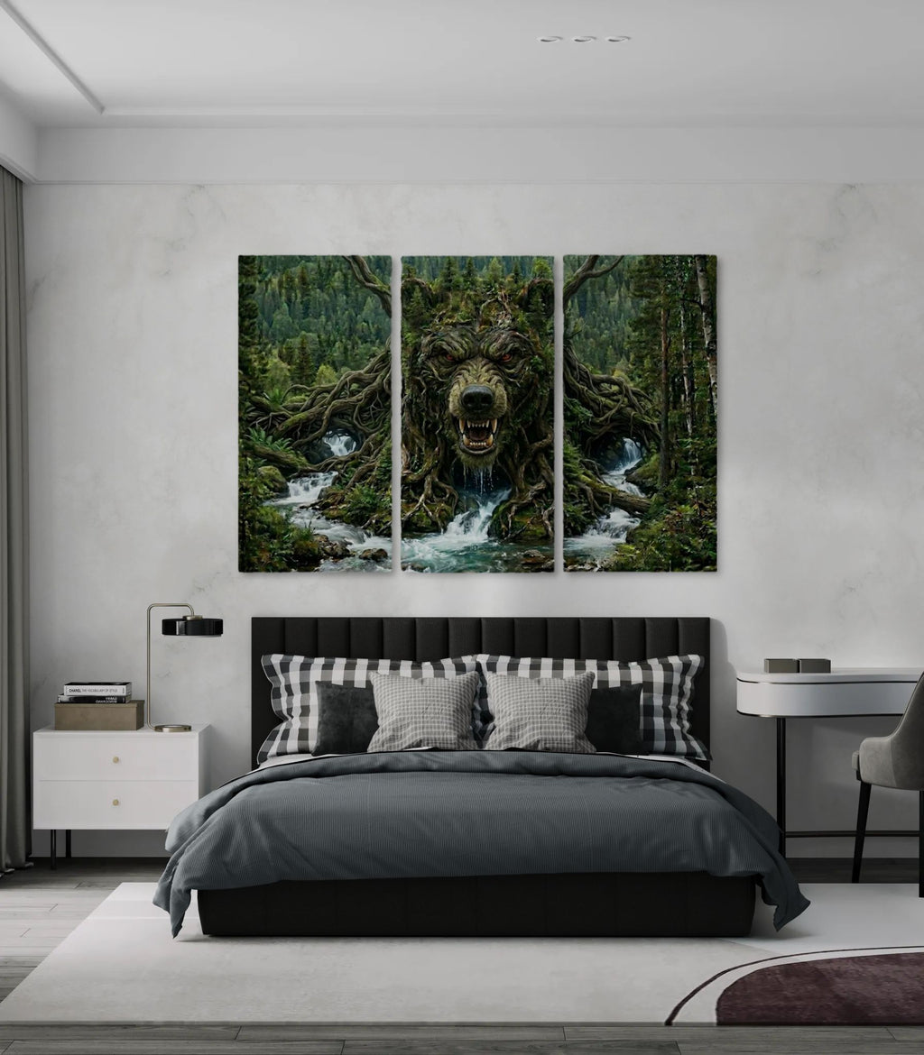 Bedroom with a large wall art piece of a bear in a forest.