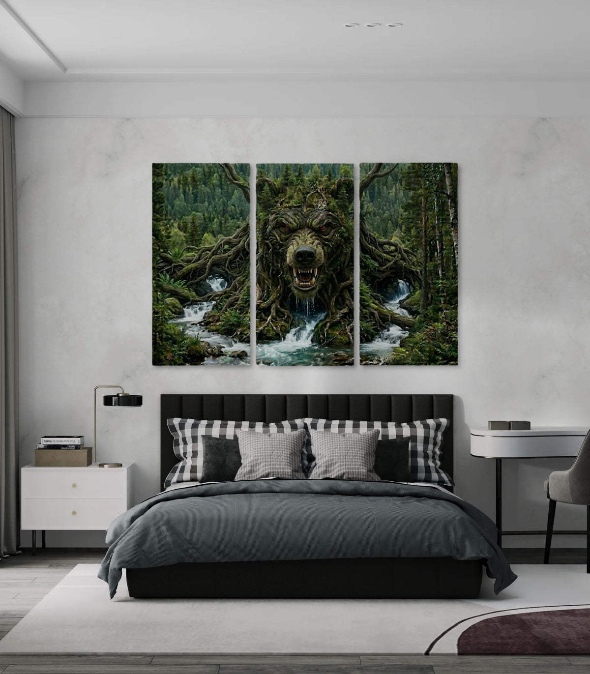 Bedroom with a large wall art piece of a bear in a forest.