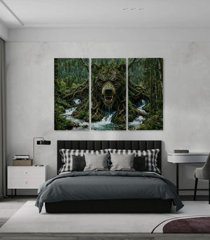 Bedroom with a large wall art piece of a bear in a forest.