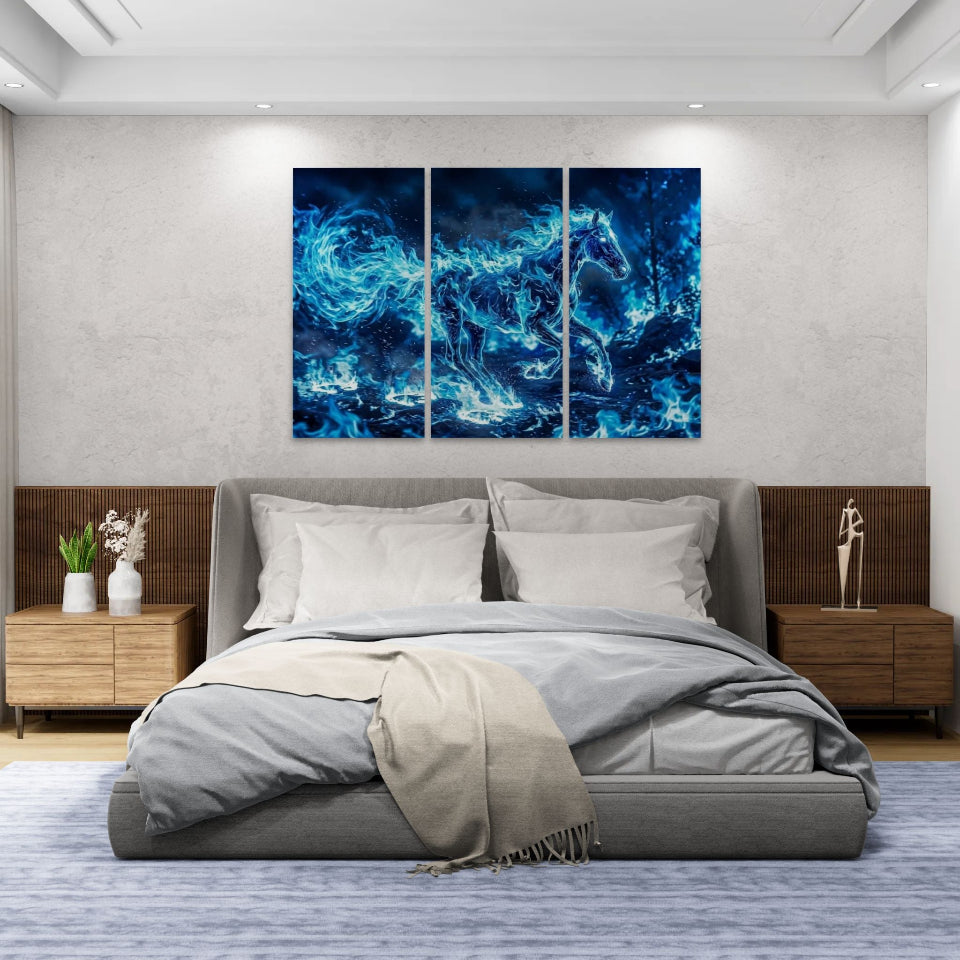 Modern bedroom with a bed and abstract blue artwork on the wall