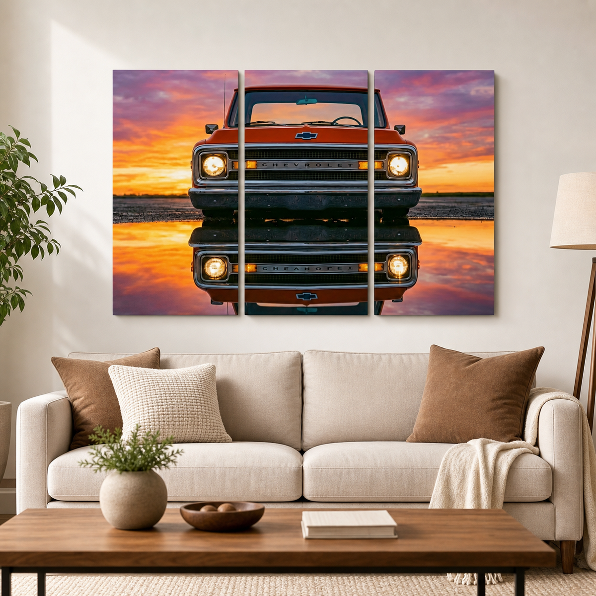 1970 Chevy C-10 Slammed Pickup Canvas Wall Art – Reflection | Single Panel & 5-Panel Level Classic Truck Print