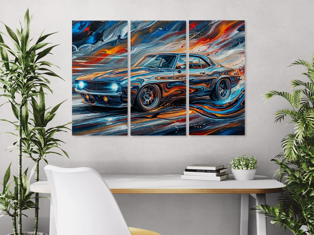 Triptych painting of a 1969 Chevy Camaro on a wall above a desk with plants.