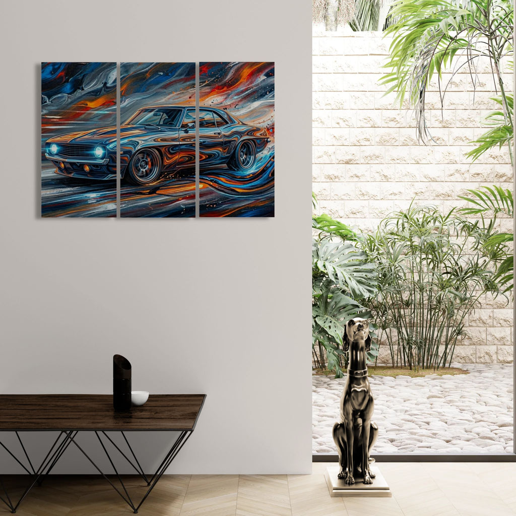 Modern interior with a painting of a 1969 Chevy Camaro, a table, and a dog statue.