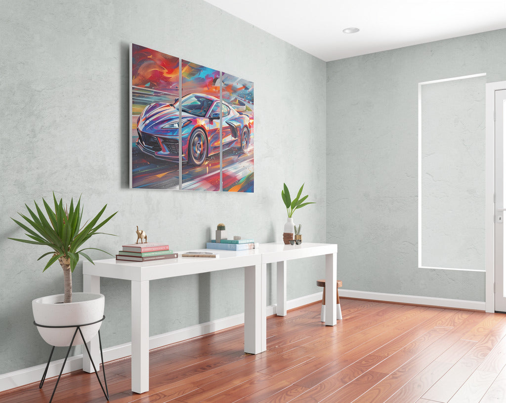 Modern interior with a white desk, plants, and a colorful Corvette car painting on the wall.