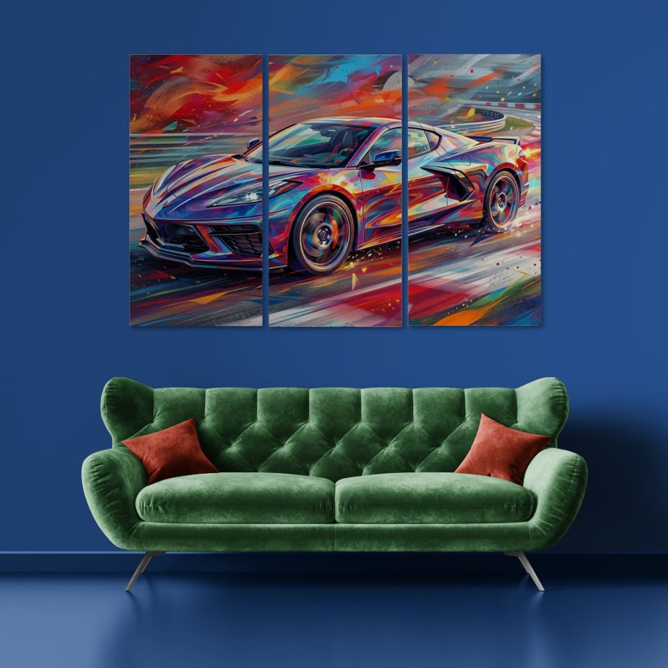  This stunning abstract multi-panel canvas captures the sleek lines and aggressive posture of a true automotive legend. The Corvette