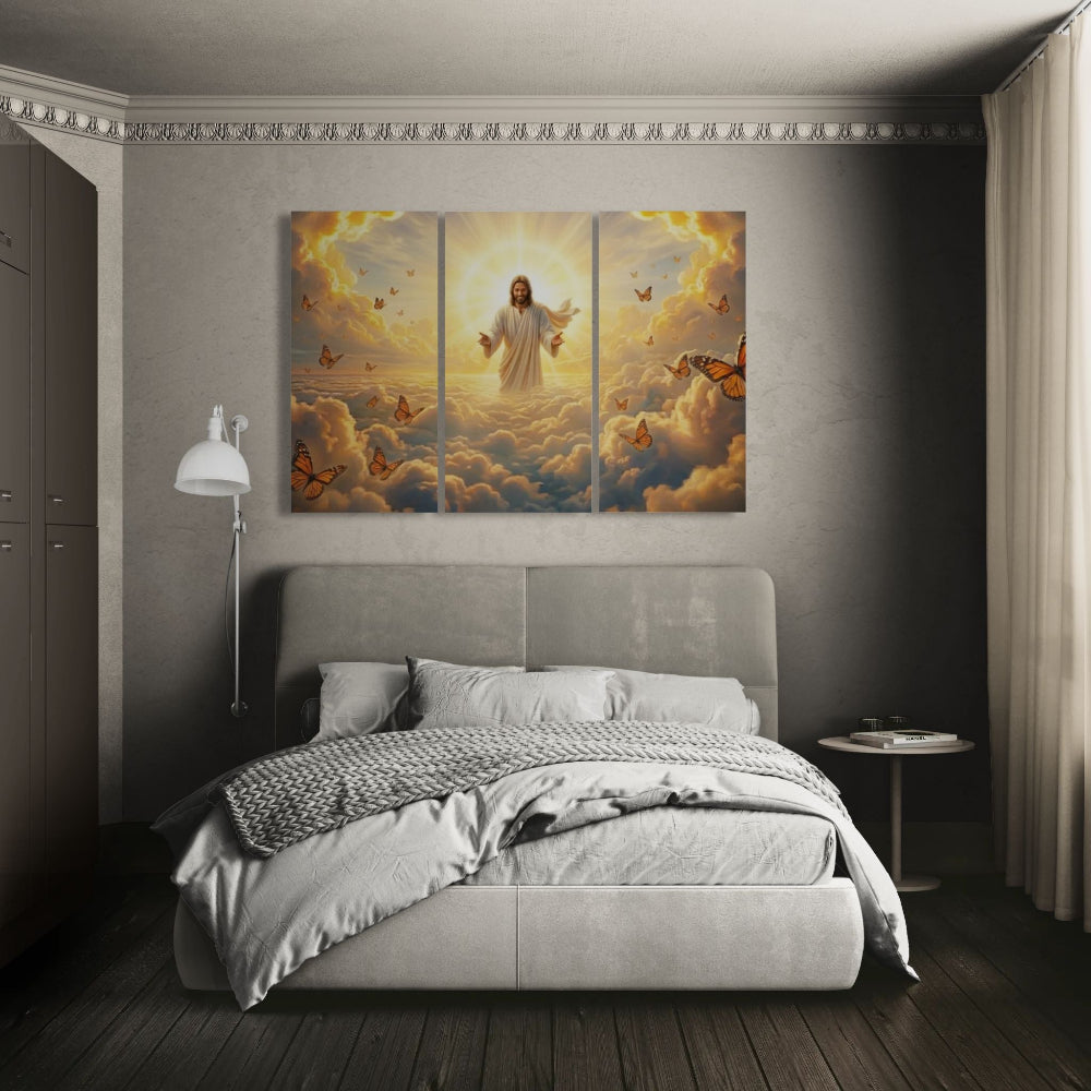 Bedroom with a large triptych painting of a religious figure on the wall above a bed.