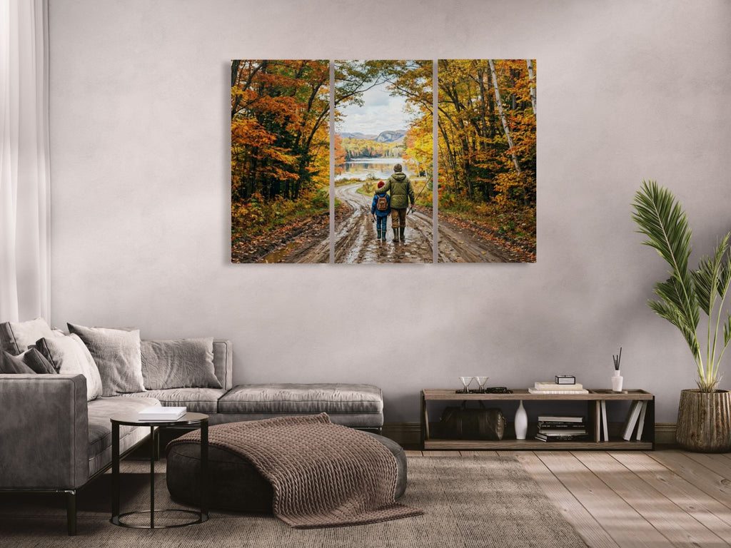 Living room with a large wall art depicting a couple walking through a forest in autumn.