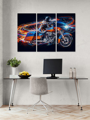 Modern office setup with a Road Glide type motorcycle-themed wall art above a desk.