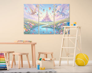 Colorful wall art of dragons and a castle in a garden setting, displayed on a wall with a ladder and toys below.