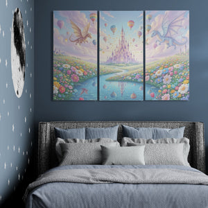Triptych painting of a fantasy scene with dragons, castle, and balloons above a bed.
