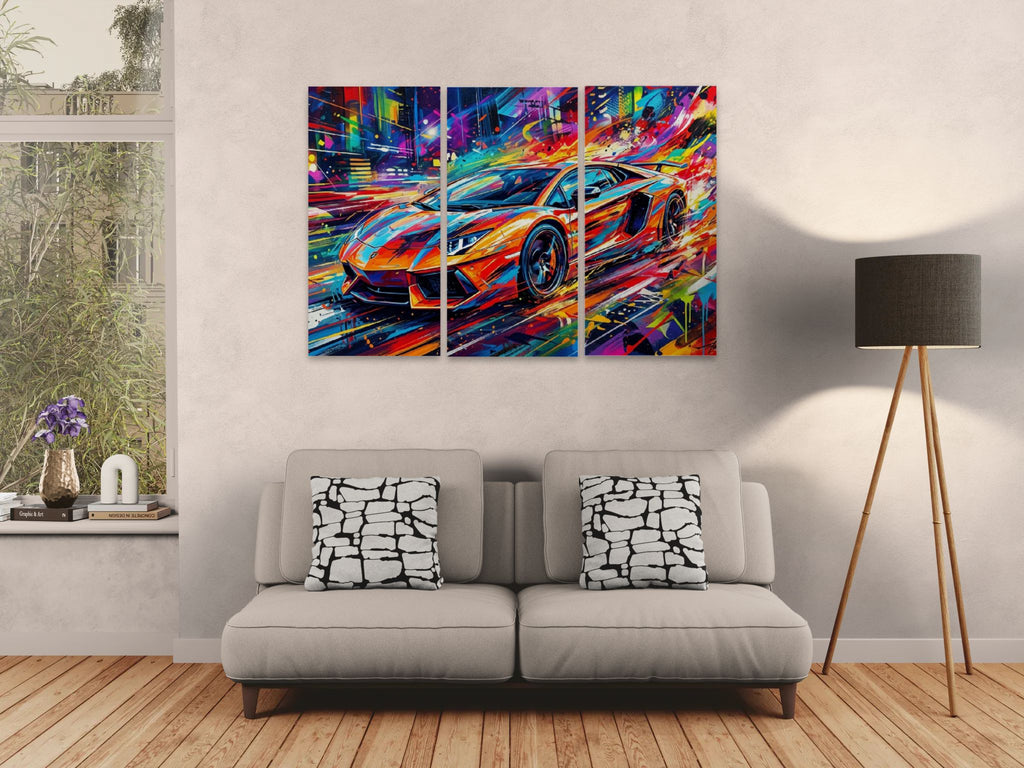 Colorful Lamborghini Aventador painting on a wall above a gray sofa with decorative pillows.