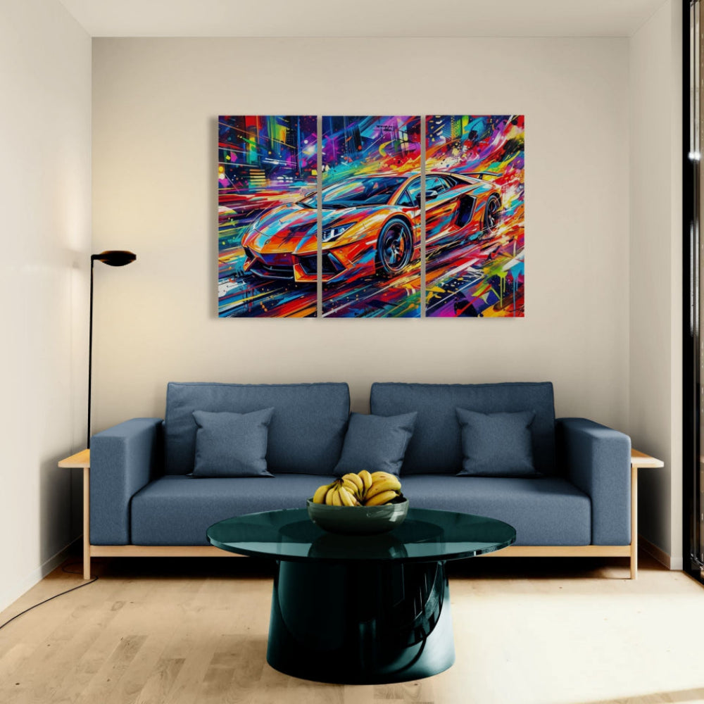Modern living room with a blue sofa, black coffee table, and a colorful Lamborghini Aventador car painting on the wall.