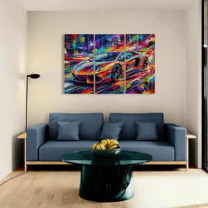 Modern living room with a blue sofa, black coffee table, and a colorful Lamborghini Aventador car painting on the wall.