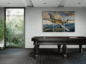 Game room with a pool table and a large painting of a  P-51 Mustang airplane over mountains.