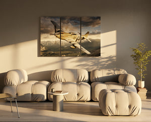 Beige sofa in a room with a large wall art of a  P-51 Mustang airplane.