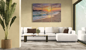 Living room with a white sofa, decorative pillows, and a large beach sunset painting on the wall.