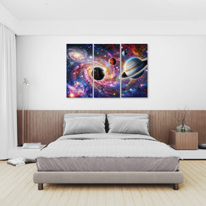 Bedroom with a large cosmic art print on the wall above a bed.