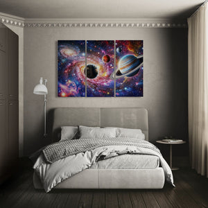 Bedroom with a large bed and wall art