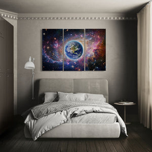 Bedroom with a large universe wall art