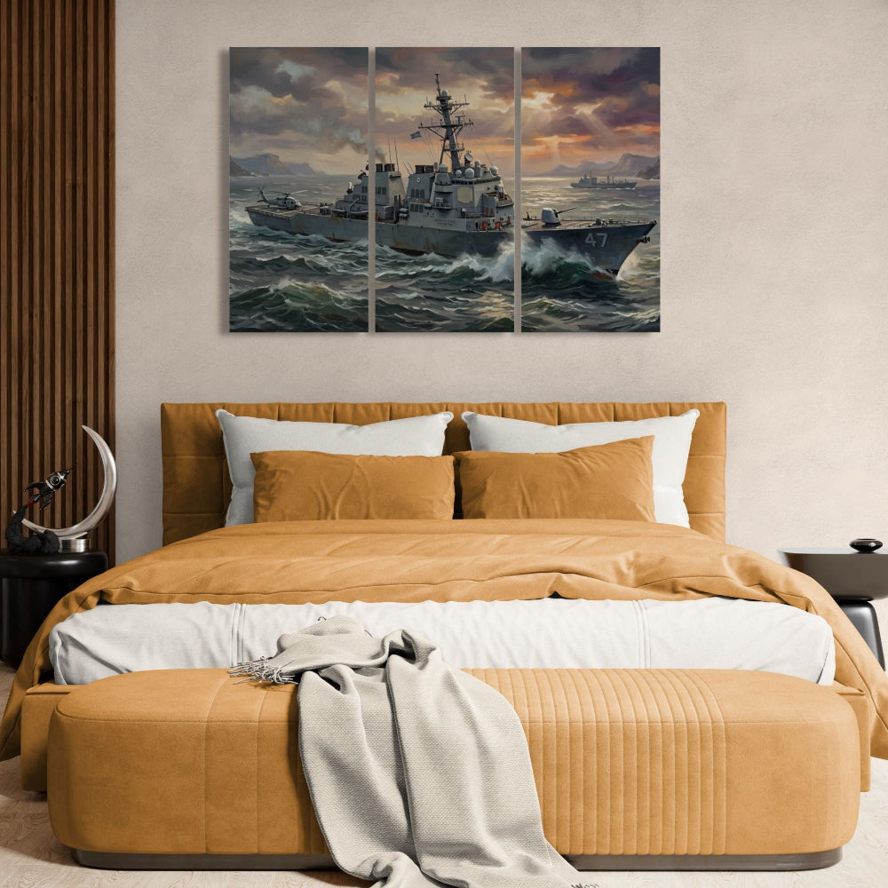 Storm Fury – Warship Battling Rough Seas 5-Panel Canvas Wall Art