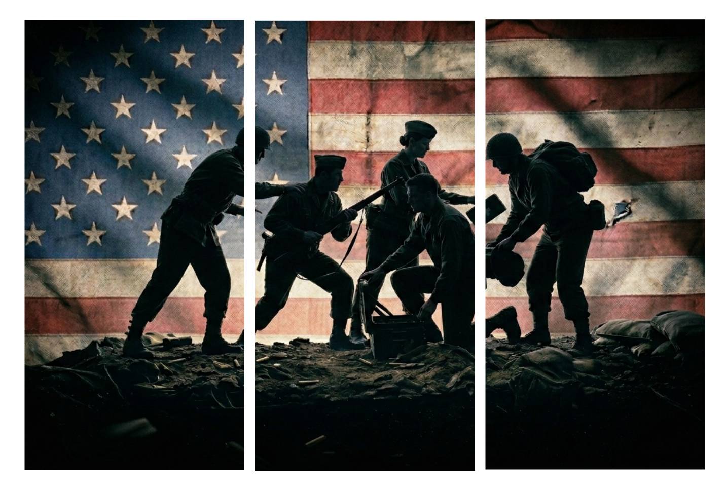 Silhouettes of soldiers against an American flag background
