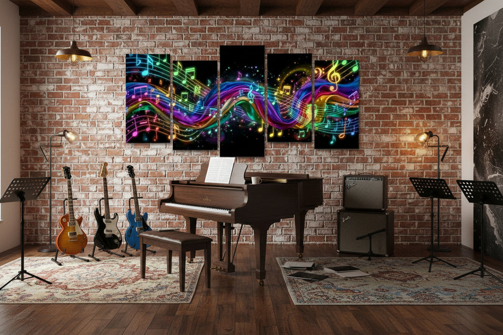 A 5-panel canvas wall art set depicting vibrant, flowing musical notes and treble clefs in neon rainbow colors on a black background.