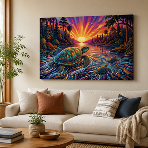 A colorful wall art print depicting two sea turtles swimming in a river toward a bright sunburst at sunset, displayed above a beige sofa in a modern living room setting.