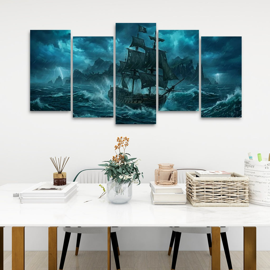 A five-panel canvas wall art set depicting a dramatic stormy seascape with a large sailing ship battling dark blue waves, displayed above a white dining table in a modern room setting.