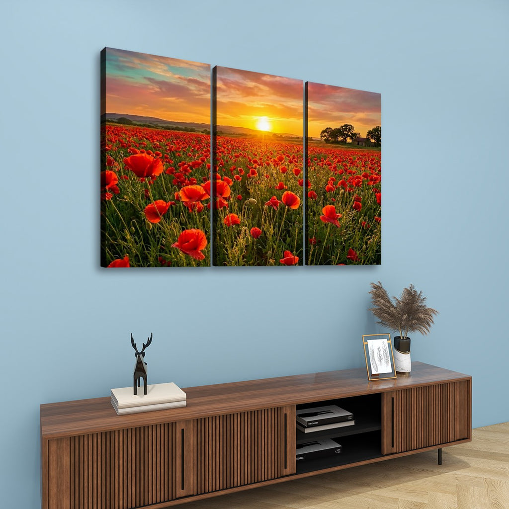 Golden Hour Poppy Field Canvas Wall Art – Fields of Fire | 5-Panel Level Nature Landscape Print