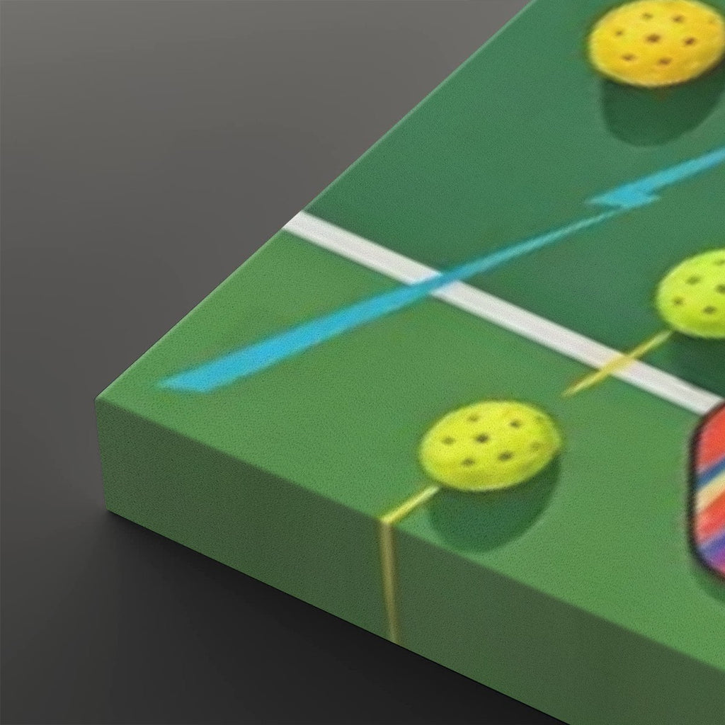 A close-up of a green rectangular product, likely a box or package, featuring a stylized sports graphic with yellow perforated balls, white lines, and blue and yellow accents on a dark gray background.