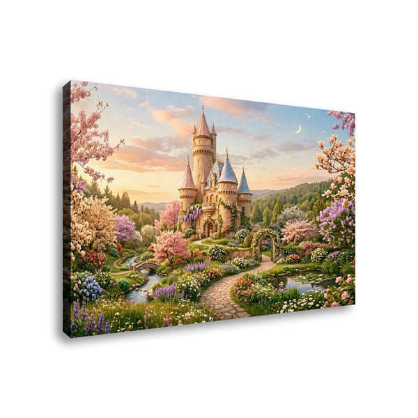 A rectangular canvas wall art print showing a whimsical fantasy castle surrounded by blooming flowers, a winding stone path, a small stream, and a pastel sky with a crescent moon. The canvas is photographed at a slight angle against a plain white background.