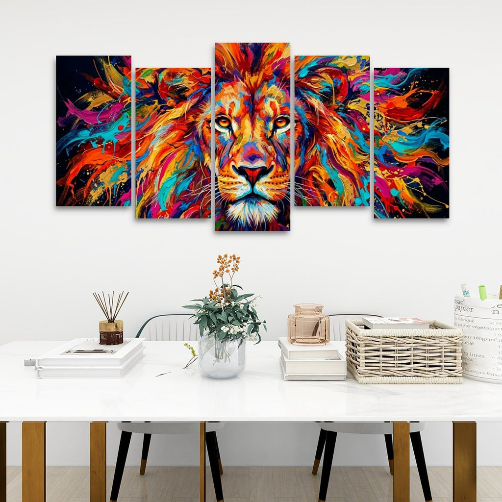 Abstract Colorful Lion Head Mane 1, 3, 5 Split Canvas Panel Wall Art Print
