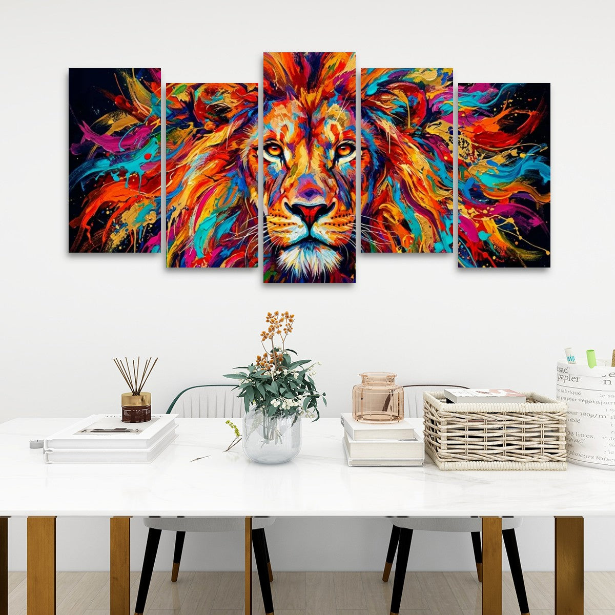 Abstract Colorful Lion Head Mane 1, 3, 5 Split Canvas Panel Wall Art Print