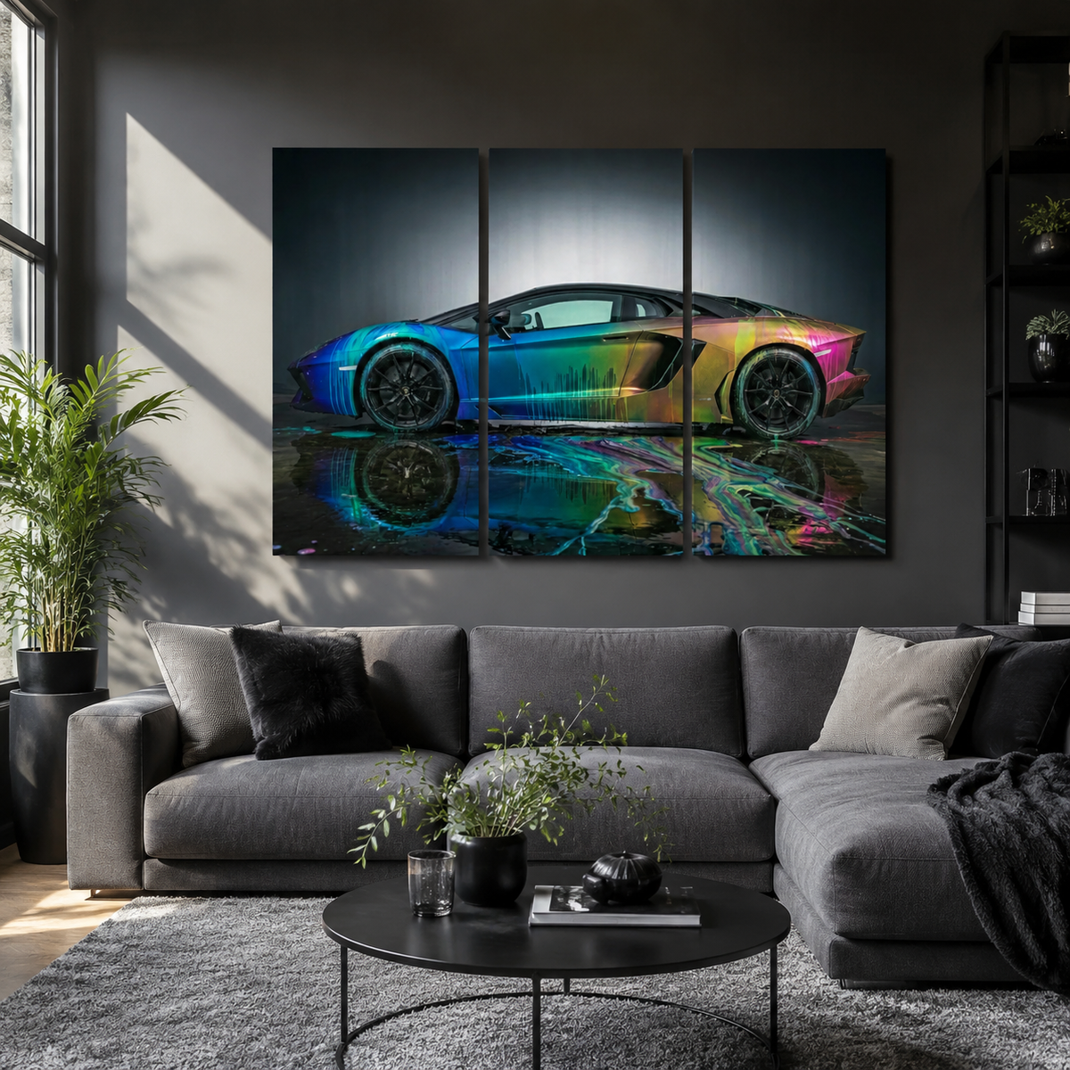 A three-panel canvas wall art set depicting a vibrant, multicolored Lamborghini Aventador sports car with a glossy reflection, displayed on a dark gray wall above a modern gray sectional sofa in a styled living room.