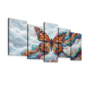 A five-panel canvas wall art set depicting a colorful Monarch butterfly over a flowing abstract background of white, blue, orange, purple, and teal.
