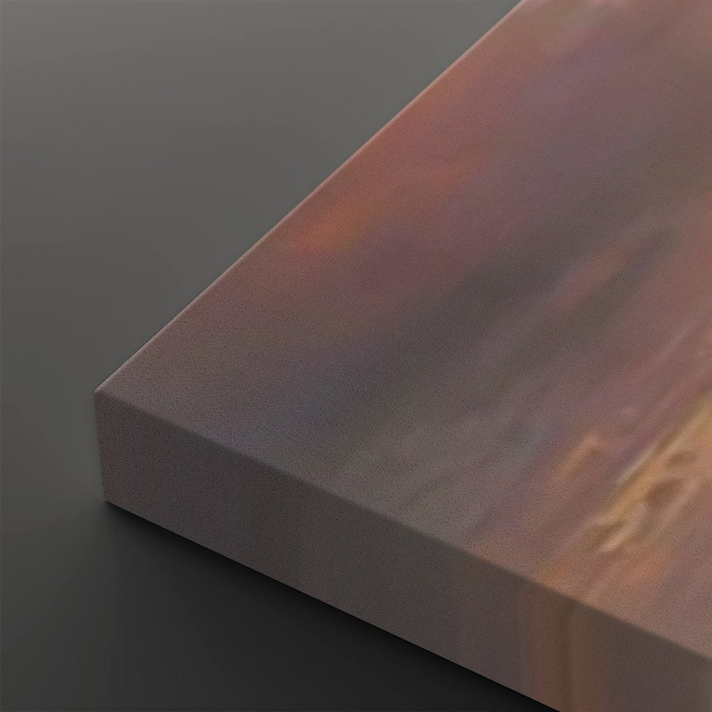 A close-up of a rectangular canvas or panel with a painterly abstract surface in muted purple, peach, and warm brown tones, shown against a dark gray background.